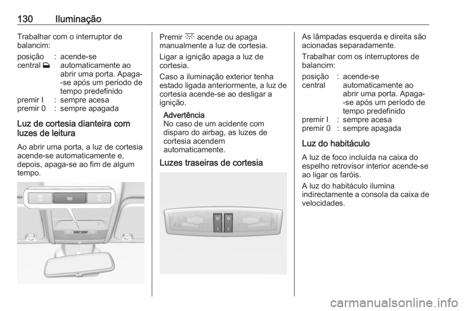 OPEL CORSA 2016.5 Manual de Instruções (in Portugues) 130IluminaçãoTrabalhar com o interruptor de
balancim:posição
central w:acende-se
automaticamente ao
abrir uma porta. Apaga-
-se após um período de
tempo predefinidopremir I:sempre acesapremir 0 OPEL CORSA 2016.5 Manual de Instruções (in Portugues) 130IluminaçãoTrabalhar com o interruptor de
balancim:posição
central w:acende-se
automaticamente ao
abrir uma porta. Apaga-
-se após um período de
tempo predefinidopremir I:sempre acesapremir 0