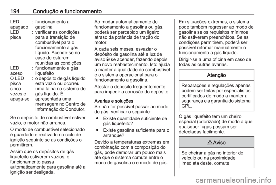 OPEL CORSA 2016.5  Manual de Instruções (in Portugues) 194Condução e funcionamentoLED
apagado:funcionamento a
gasolinaLED
pisca:verificar as condições
para a transição de
combustível para o
funcionamento a gás
líquido. Acende-se no
caso de estare