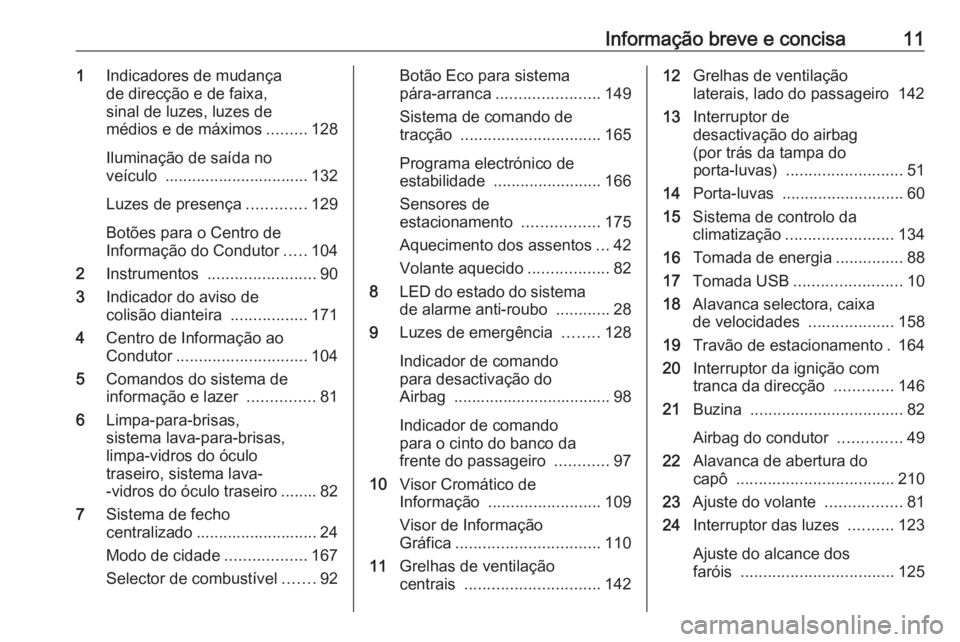 OPEL CORSA 2017  Manual de Instruções (in Portugues) Informação breve e concisa111Indicadores de mudança
de direcção e de faixa,
sinal de luzes, luzes de
médios e de máximos .........128
Iluminação de saída no
veículo  .......................