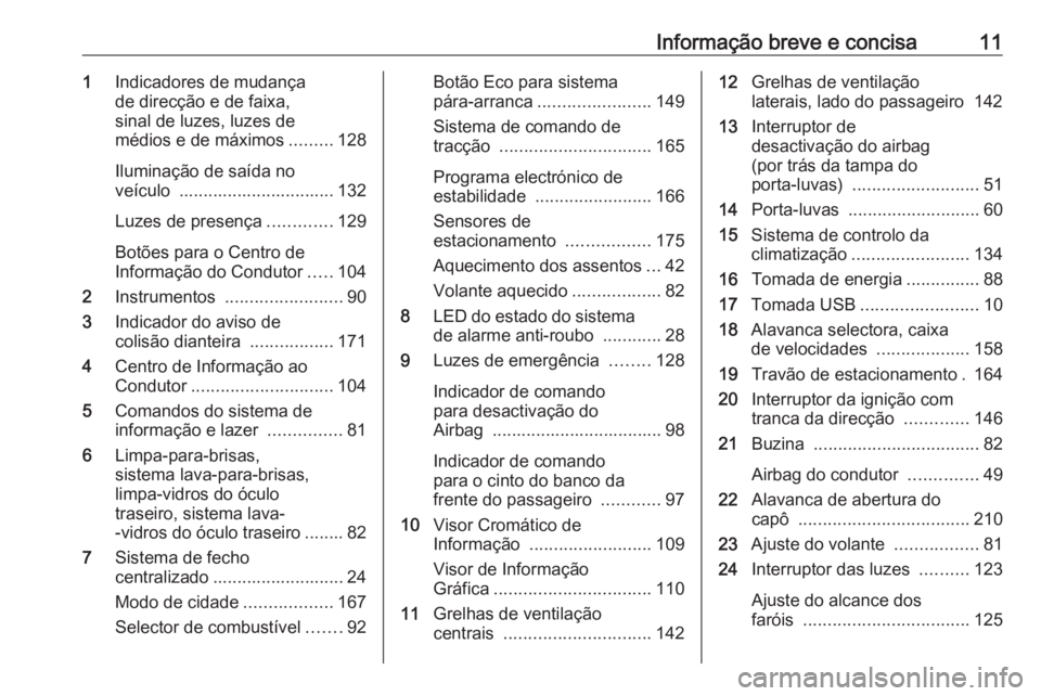 OPEL CORSA 2017 Manual de Instruções (in Portugues) Informação breve e concisa111Indicadores de mudança
de direcção e de faixa,
sinal de luzes, luzes de
médios e de máximos .........128
Iluminação de saída no
veículo ....................... OPEL CORSA 2017 Manual de Instruções (in Portugues) Informação breve e concisa111Indicadores de mudança
de direcção e de faixa,
sinal de luzes, luzes de
médios e de máximos .........128
Iluminação de saída no
veículo .......................