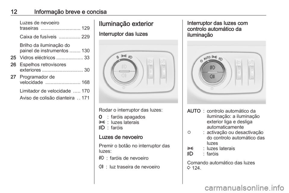 OPEL CORSA 2017  Manual de Instruções (in Portugues) 12Informação breve e concisaLuzes de nevoeiro
traseiras  ............................. 129
Caixa de fusíveis  ................ 229
Brilho da iluminação do
painel de instrumentos ........130
25 Vi