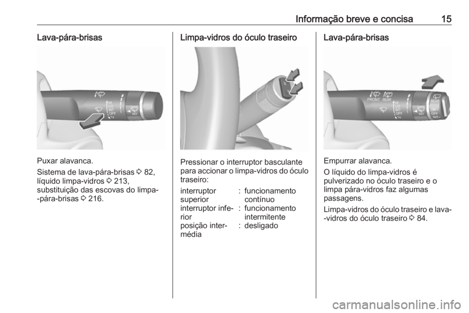OPEL CORSA 2017  Manual de Instruções (in Portugues) Informação breve e concisa15Lava-pára-brisas
Puxar alavanca.
Sistema de lava-pára-brisas  3 82,
líquido limpa-vidros  3 213,
substituição das escovas do limpa-
-pára-brisas  3 216.
Limpa-vidro