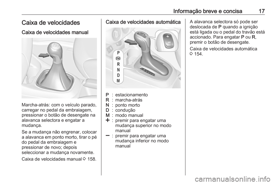 OPEL CORSA 2017  Manual de Instruções (in Portugues) Informação breve e concisa17Caixa de velocidades
Caixa de velocidades manual
Marcha-atrás: com o veículo parado,
carregar no pedal da embraiagem,
pressionar o botão de desengate na
alavanca selec