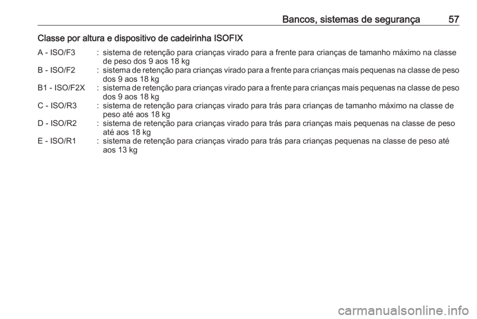 OPEL CORSA 2017 Manual de Instruções (in Portugues) Bancos, sistemas de segurança57Classe por altura e dispositivo de cadeirinha ISOFIXA - ISO/F3:sistema de retenção para crianças virado para a frente para crianças de tamanho máximo na classede p OPEL CORSA 2017 Manual de Instruções (in Portugues) Bancos, sistemas de segurança57Classe por altura e dispositivo de cadeirinha ISOFIXA - ISO/F3:sistema de retenção para crianças virado para a frente para crianças de tamanho máximo na classede p