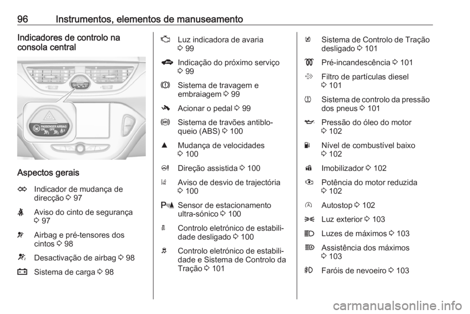 OPEL CORSA 2017  Manual de Instruções (in Portugues) 96Instrumentos, elementos de manuseamentoIndicadores de controlo na
consola central
Aspectos gerais
OIndicador de mudança de
direcção  3 97XAviso do cinto de segurança
3  97vAirbag e pré-tensores