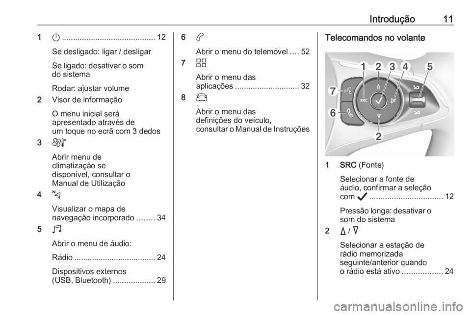OPEL CORSA F 2020  Manual de Informação e Lazer (in Portugues) Introdução111).......................................... 12
Se desligado: ligar / desligar
Se ligado: desativar o som
do sistema
Rodar: ajustar volume
2 Visor de informação
O menu inicial será
ap