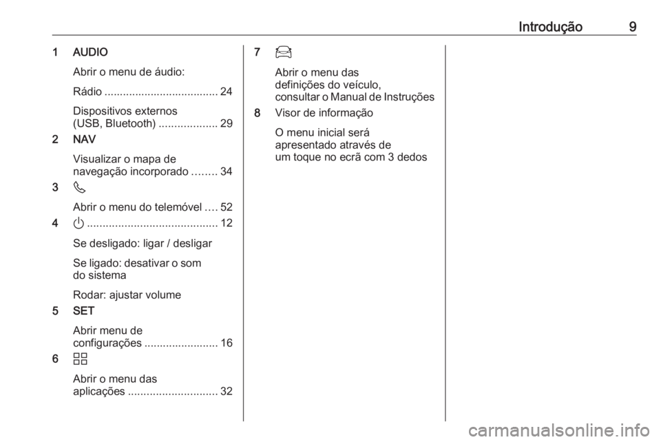 OPEL CORSA F 2020  Manual de Informação e Lazer (in Portugues) Introdução91 AUDIOAbrir o menu de áudio:
Rádio ..................................... 24
Dispositivos externos
(USB, Bluetooth) ...................29
2 NAV
Visualizar o mapa de
navegação incorpor