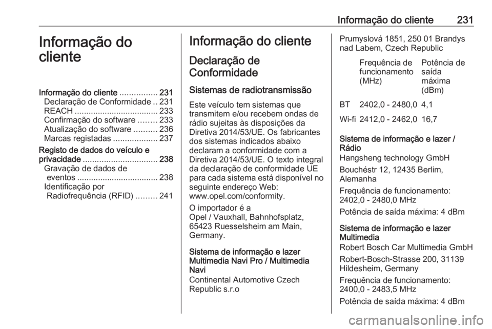 OPEL CORSA F 2020 Manual de Instruções (in Portugues) Informação do cliente231Informação do
clienteInformação do cliente ................231
Declaração de Conformidade ..231
REACH .................................... 233
Confirmação do software OPEL CORSA F 2020 Manual de Instruções (in Portugues) Informação do cliente231Informação do
clienteInformação do cliente ................231
Declaração de Conformidade ..231
REACH .................................... 233
Confirmação do software