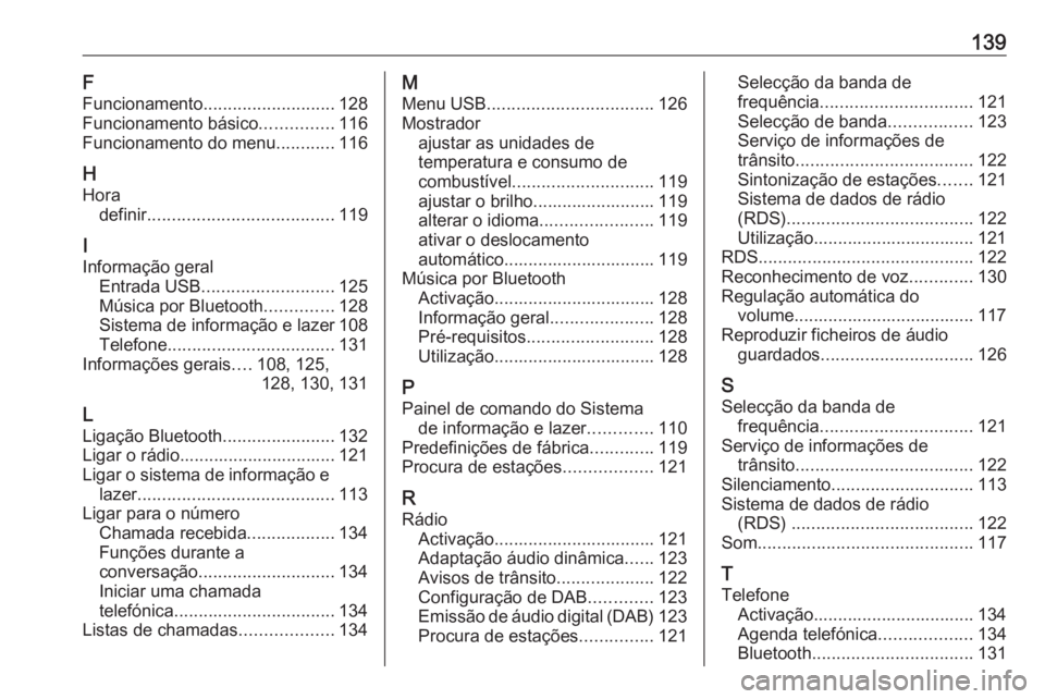 OPEL CROSSLAND X 2017.75  Manual de Informação e Lazer (in Portugues) 139F
Funcionamento ........................... 128
Funcionamento básico ...............116
Funcionamento do menu ............116
H Hora definir ...................................... 119
I
Informaç