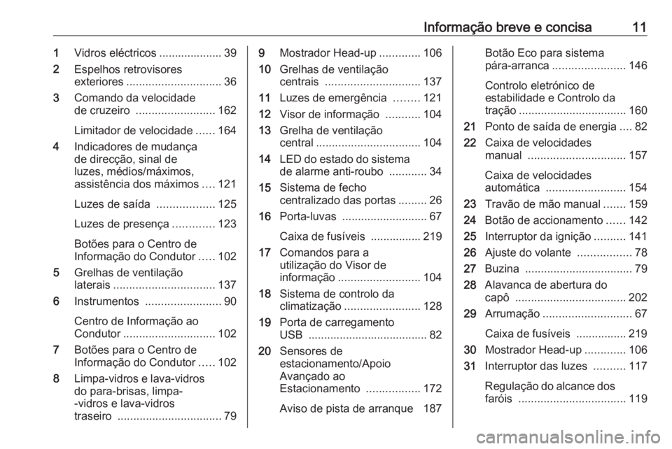 OPEL CROSSLAND X 2018  Manual de Instruções (in Portugues) Informação breve e concisa111Vidros eléctricos .................... 39
2 Espelhos retrovisores
exteriores .............................. 36
3 Comando da velocidade
de cruzeiro  ....................