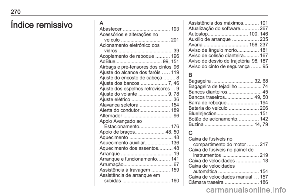 OPEL CROSSLAND X 2018  Manual de Instruções (in Portugues) 270Índice remissivoAAbastecer  .................................. 193
Acessórios e alterações no veículo  .................................... 201
Acionamento eletrónico dos vidros .............