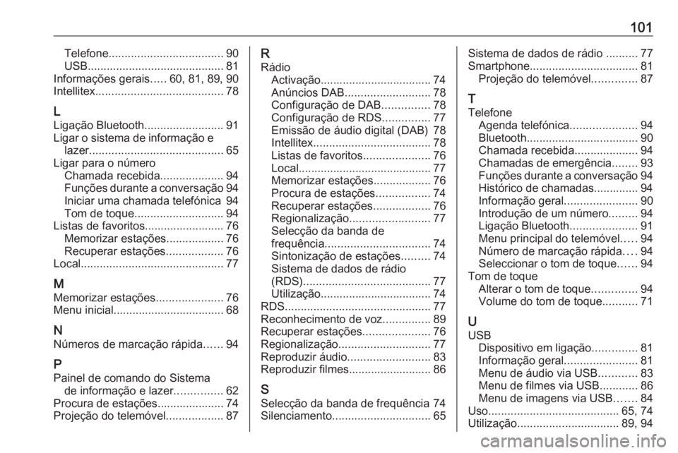 OPEL CROSSLAND X 2018.5 Manual de Informação e Lazer (in Portugues) 101Telefone.................................... 90
USB ........................................... 81
Informações gerais .....60, 81, 89, 90
Intellitex ........................................ 78
L
OPEL CROSSLAND X 2018.5 Manual de Informação e Lazer (in Portugues) 101Telefone.................................... 90
USB ........................................... 81
Informações gerais .....60, 81, 89, 90
Intellitex ........................................ 78
L