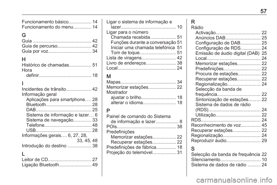 OPEL CROSSLAND X 2018.5  Manual de Informação e Lazer (in Portugues) 57Funcionamento básico.................14
Funcionamento do menu ..............14
G
Guia  ............................................. 42
Guia de percurso ..........................42
Guia por voz ..