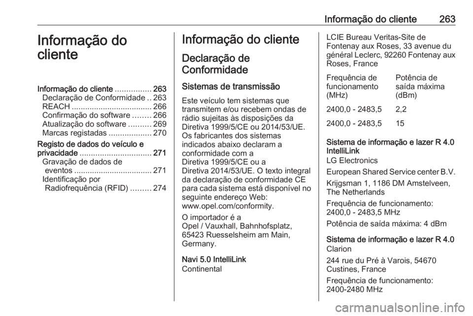 OPEL CROSSLAND X 2018.5 Manual de Instruções (in Portugues) Informação do cliente263Informação do
clienteInformação do cliente ................263
Declaração de Conformidade ..263
REACH .................................... 266
Confirmação do software OPEL CROSSLAND X 2018.5 Manual de Instruções (in Portugues) Informação do cliente263Informação do
clienteInformação do cliente ................263
Declaração de Conformidade ..263
REACH .................................... 266
Confirmação do software