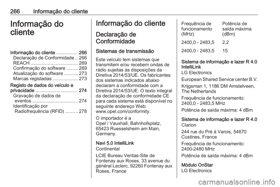 OPEL CROSSLAND X 2019 Manual de Instruções (in Portugues) 266Informação do clienteInformação do
clienteInformação do cliente ................266
Declaração de Conformidade ..266
REACH .................................... 269
Confirmação do software OPEL CROSSLAND X 2019 Manual de Instruções (in Portugues) 266Informação do clienteInformação do
clienteInformação do cliente ................266
Declaração de Conformidade ..266
REACH .................................... 269
Confirmação do software