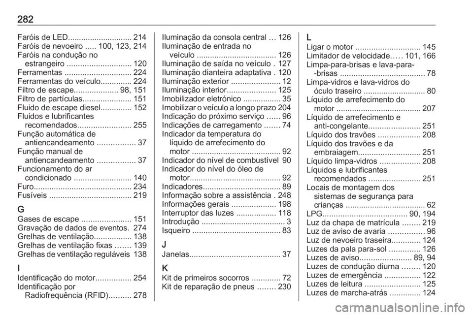 OPEL CROSSLAND X 2019  Manual de Instruções (in Portugues) 282Faróis de LED............................. 214
Faróis de nevoeiro  .....100, 123, 214
Faróis na condução no estrangeiro  ............................. 120
Ferramentas  ........................