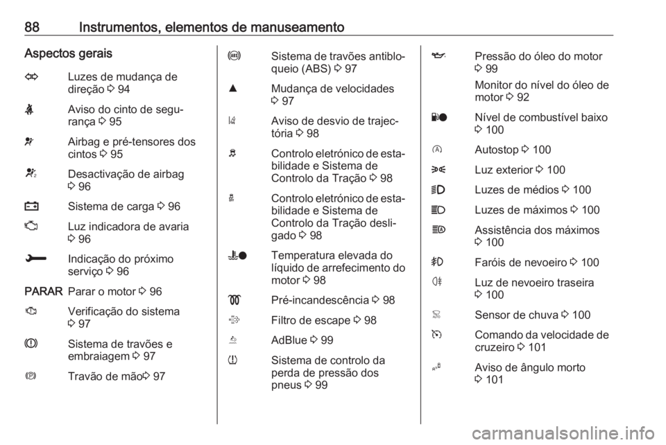 OPEL CROSSLAND X 2019  Manual de Instruções (in Portugues) 88Instrumentos, elementos de manuseamentoAspectos geraisOLuzes de mudança de
direção  3 94XAviso do cinto de segu‐
rança  3 95vAirbag e pré-tensores dos
cintos  3 95VDesactivação de airbag
3 