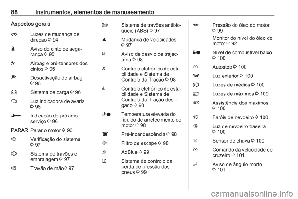 OPEL CROSSLAND X 2019 Manual de Instruções (in Portugues) 88Instrumentos, elementos de manuseamentoAspectos geraisOLuzes de mudança de
direção 3 94XAviso do cinto de segu‐
rança 3 95vAirbag e pré-tensores dos
cintos 3 95VDesactivação de airbag
3 OPEL CROSSLAND X 2019 Manual de Instruções (in Portugues) 88Instrumentos, elementos de manuseamentoAspectos geraisOLuzes de mudança de
direção 3 94XAviso do cinto de segu‐
rança 3 95vAirbag e pré-tensores dos
cintos 3 95VDesactivação de airbag
3