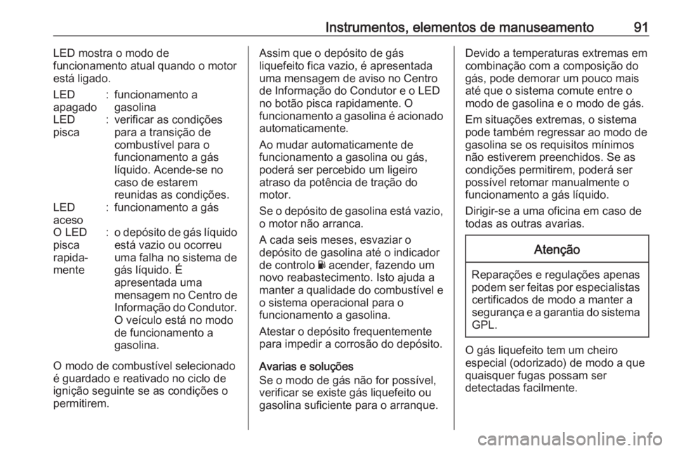 OPEL CROSSLAND X 2019 Manual de Instruções (in Portugues) Instrumentos, elementos de manuseamento91LED mostra o modo de
funcionamento atual quando o motor
está ligado.LED
apagado:funcionamento a
gasolinaLED
pisca:verificar as condições
para a transição OPEL CROSSLAND X 2019 Manual de Instruções (in Portugues) Instrumentos, elementos de manuseamento91LED mostra o modo de
funcionamento atual quando o motor
está ligado.LED
apagado:funcionamento a
gasolinaLED
pisca:verificar as condições
para a transição