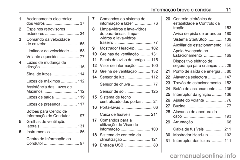 OPEL CROSSLAND X 2020 Manual de Instruções (in Portugues) Informação breve e concisa111Accionamento electrónico
dos vidros .............................. 37
2 Espelhos retrovisores
exteriores .............................. 34
3 Comando da velocidade
de cr OPEL CROSSLAND X 2020 Manual de Instruções (in Portugues) Informação breve e concisa111Accionamento electrónico
dos vidros .............................. 37
2 Espelhos retrovisores
exteriores .............................. 34
3 Comando da velocidade
de cr
