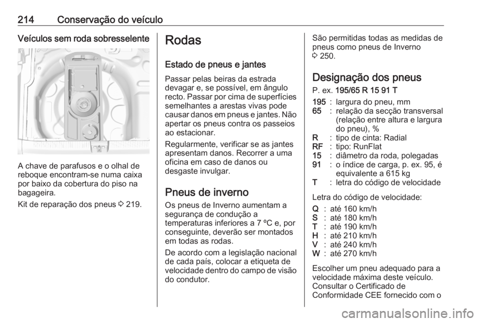 OPEL CROSSLAND X 2020  Manual de Instruções (in Portugues) 214Conservação do veículoVeículos sem roda sobresselente
A chave de parafusos e o olhal de
reboque encontram-se numa caixa por baixo da cobertura do piso na
bagageira.
Kit de reparação dos pneus
