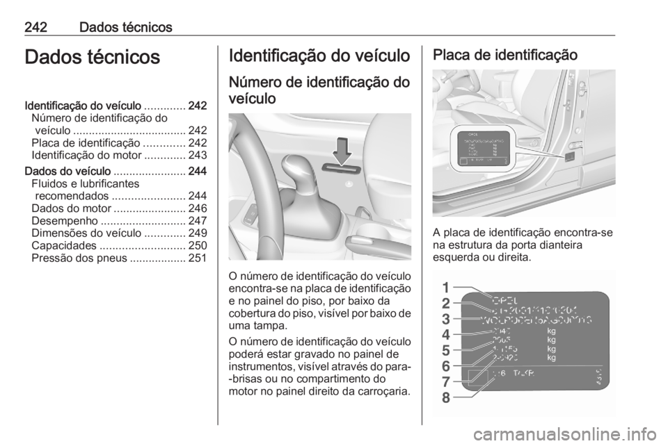 OPEL CROSSLAND X 2020 Manual de Instruções (in Portugues) 242Dados técnicosDados técnicosIdentificação do veículo.............242
Número de identificação do veículo .................................... 242
Placa de identificação .............242
I OPEL CROSSLAND X 2020 Manual de Instruções (in Portugues) 242Dados técnicosDados técnicosIdentificação do veículo.............242
Número de identificação do veículo .................................... 242
Placa de identificação .............242
I