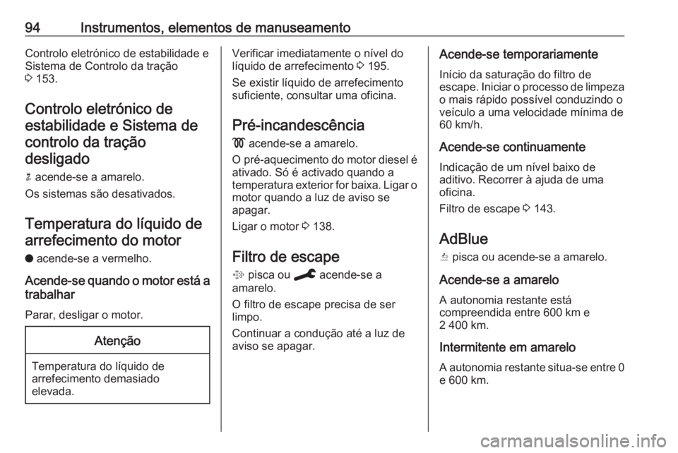 OPEL CROSSLAND X 2020  Manual de Instruções (in Portugues) 94Instrumentos, elementos de manuseamentoControlo eletrónico de estabilidade e
Sistema de Controlo da tração
3  153.
Controlo eletrónico de estabilidade e Sistema decontrolo da tração
desligado
