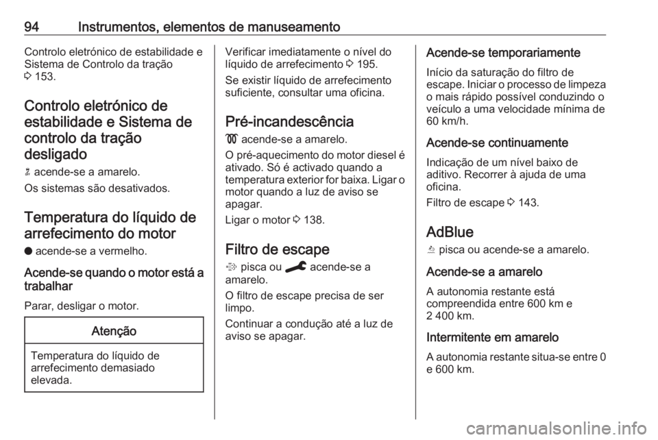 OPEL CROSSLAND X 2020 Manual de Instruções (in Portugues) 94Instrumentos, elementos de manuseamentoControlo eletrónico de estabilidade e
Sistema de Controlo da tração
3 153.
Controlo eletrónico de estabilidade e Sistema decontrolo da tração
desligado
OPEL CROSSLAND X 2020 Manual de Instruções (in Portugues) 94Instrumentos, elementos de manuseamentoControlo eletrónico de estabilidade e
Sistema de Controlo da tração
3 153.
Controlo eletrónico de estabilidade e Sistema decontrolo da tração
desligado