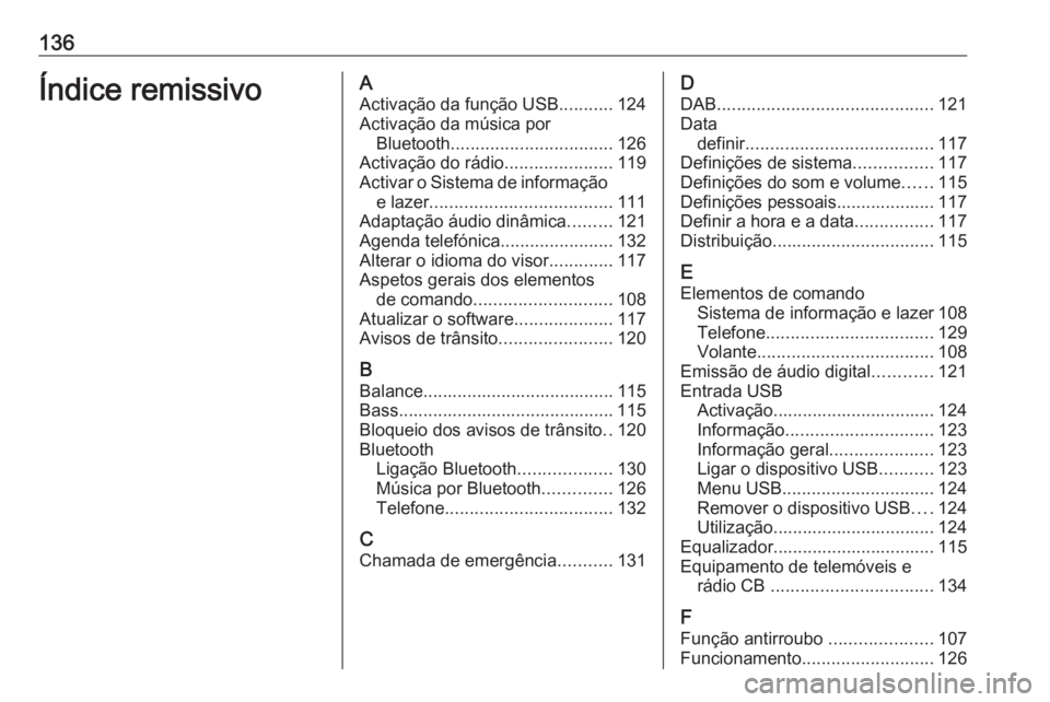 OPEL GRANDLAND X 2018 Manual de Informação e Lazer (in Portugues) 136Índice remissivoAActivação da função USB ...........124
Activação da música por Bluetooth ................................. 126
Activação do rádio ......................119
Activar o Sis OPEL GRANDLAND X 2018 Manual de Informação e Lazer (in Portugues) 136Índice remissivoAActivação da função USB ...........124
Activação da música por Bluetooth ................................. 126
Activação do rádio ......................119
Activar o Sis