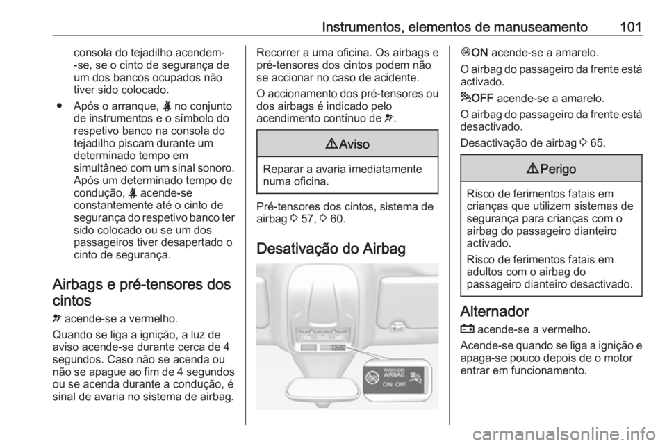 OPEL GRANDLAND X 2018 Manual de Instruções (in Portugues) Instrumentos, elementos de manuseamento101consola do tejadilho acendem-
-se, se o cinto de segurança de
um dos bancos ocupados não
tiver sido colocado.
● Após o arranque, X no conjunto
de instru OPEL GRANDLAND X 2018 Manual de Instruções (in Portugues) Instrumentos, elementos de manuseamento101consola do tejadilho acendem-
-se, se o cinto de segurança de
um dos bancos ocupados não
tiver sido colocado.
● Após o arranque, X no conjunto
de instru