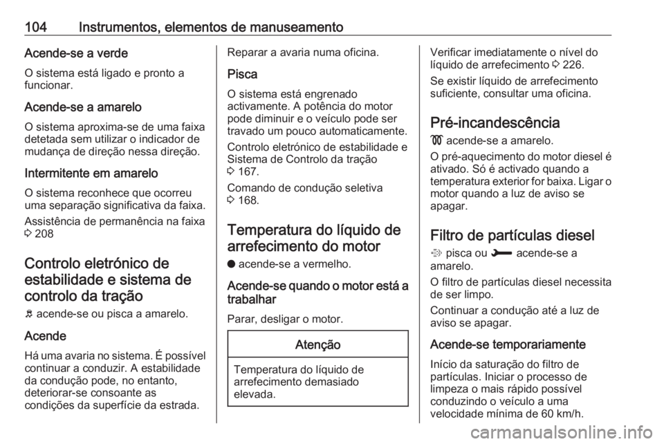OPEL GRANDLAND X 2018 Manual de Instruções (in Portugues) 104Instrumentos, elementos de manuseamentoAcende-se a verdeO sistema está ligado e pronto a
funcionar.
Acende-se a amarelo
O sistema aproxima-se de uma faixa
detetada sem utilizar o indicador de
muda OPEL GRANDLAND X 2018 Manual de Instruções (in Portugues) 104Instrumentos, elementos de manuseamentoAcende-se a verdeO sistema está ligado e pronto a
funcionar.
Acende-se a amarelo
O sistema aproxima-se de uma faixa
detetada sem utilizar o indicador de
muda