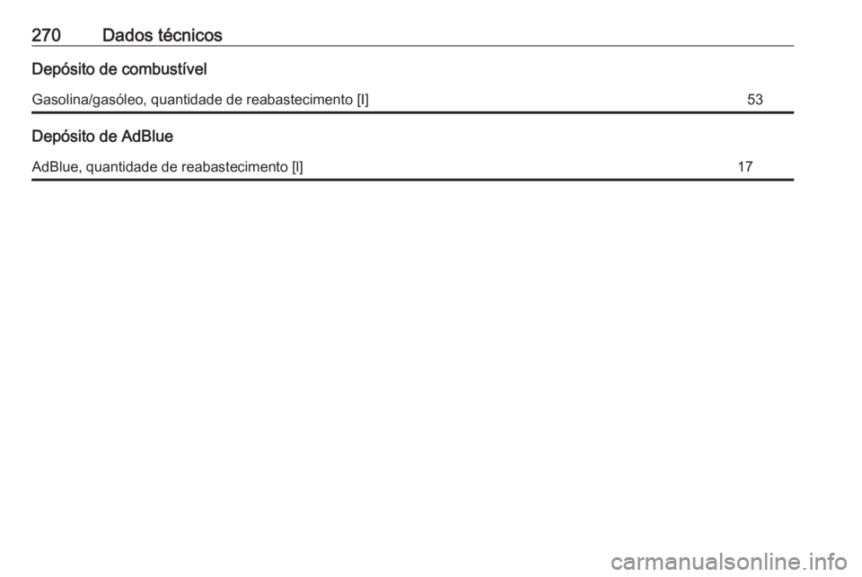 OPEL GRANDLAND X 2018  Manual de Instruções (in Portugues) 270Dados técnicosDepósito de combustívelGasolina/gasóleo, quantidade de reabastecimento [I]53
Depósito de AdBlue
AdBlue, quantidade de reabastecimento [l]17 