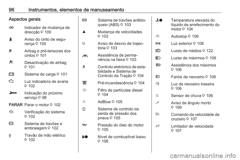 OPEL GRANDLAND X 2018 Manual de Instruções (in Portugues) 96Instrumentos, elementos de manuseamentoAspectos geraisOIndicador de mudança de
direcção 3 100XAviso do cinto de segu‐
rança 3 100vAirbag e pré-tensores dos
cintos 3 101VDesactivação de a OPEL GRANDLAND X 2018 Manual de Instruções (in Portugues) 96Instrumentos, elementos de manuseamentoAspectos geraisOIndicador de mudança de
direcção 3 100XAviso do cinto de segu‐
rança 3 100vAirbag e pré-tensores dos
cintos 3 101VDesactivação de a