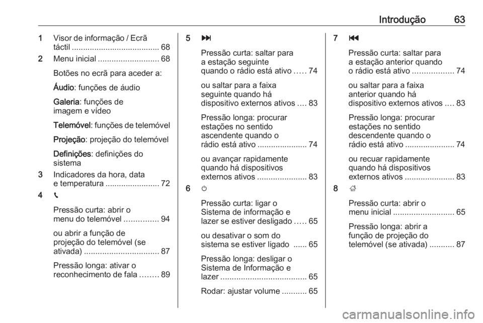 OPEL GRANDLAND X 2018.5  Manual de Informação e Lazer (in Portugues) Introdução631Visor de informação / Ecrã
táctil ....................................... 68
2 Menu inicial ........................... 68
Botões no ecrã para aceder a:
Áudio : funções de áud