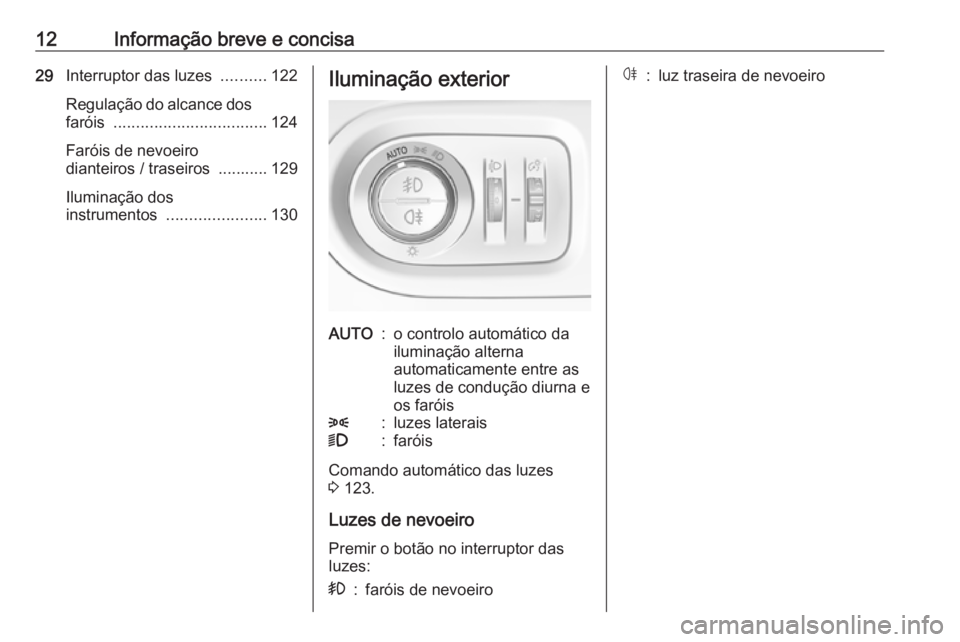 OPEL GRANDLAND X 2018.5  Manual de Instruções (in Portugues) 12Informação breve e concisa29Interruptor das luzes  ..........122
Regulação do alcance dos faróis  .................................. 124
Faróis de nevoeiro
dianteiros / traseiros  ........... 