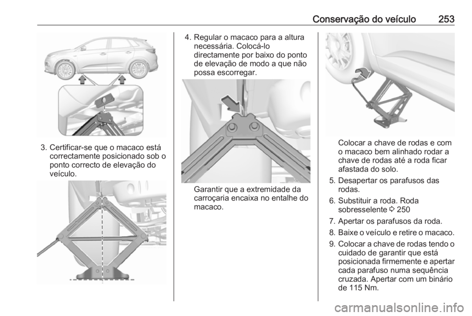 OPEL GRANDLAND X 2018.5  Manual de Instruções (in Portugues) Conservação do veículo253
3. Certificar-se que o macaco estácorrectamente posicionado sob o
ponto correcto de elevação do
veículo.
4. Regular o macaco para a altura necessária. Colocá-lodirec