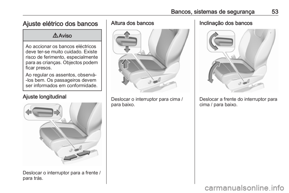 OPEL GRANDLAND X 2018.5  Manual de Instruções (in Portugues) Bancos, sistemas de segurança53Ajuste elétrico dos bancos9Aviso
Ao accionar os bancos eléctricos
deve ter-se muito cuidado. Existe
risco de ferimento, especialmente
para as crianças. Objectos pode