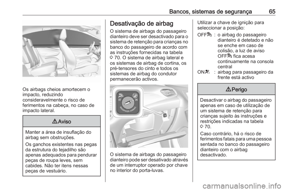 OPEL GRANDLAND X 2018.5  Manual de Instruções (in Portugues) Bancos, sistemas de segurança65
Os airbags cheios amortecem o
impacto, reduzindo
consideravelmente o risco de
ferimentos na cabeça, no caso de
impacto lateral.
9 Aviso
Manter a área de insuflação