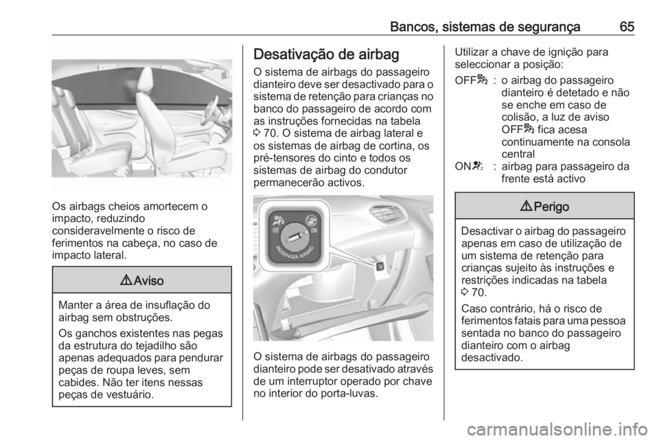 OPEL GRANDLAND X 2018.5 Manual de Instruções (in Portugues) Bancos, sistemas de segurança65
Os airbags cheios amortecem o
impacto, reduzindo
consideravelmente o risco de
ferimentos na cabeça, no caso de
impacto lateral.
9 Aviso
Manter a área de insuflação OPEL GRANDLAND X 2018.5 Manual de Instruções (in Portugues) Bancos, sistemas de segurança65
Os airbags cheios amortecem o
impacto, reduzindo
consideravelmente o risco de
ferimentos na cabeça, no caso de
impacto lateral.
9 Aviso
Manter a área de insuflação