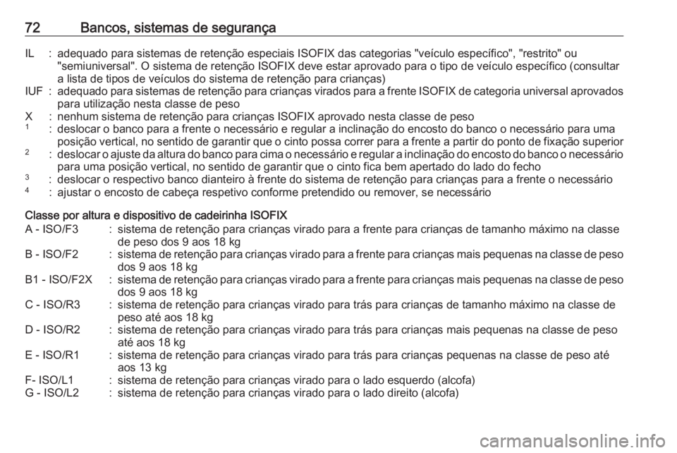 OPEL GRANDLAND X 2018.5  Manual de Instruções (in Portugues) 72Bancos, sistemas de segurançaIL:adequado para sistemas de retenção especiais ISOFIX das categorias "veículo específico", "restrito" ou
"semiuniversal". O sistema de rete