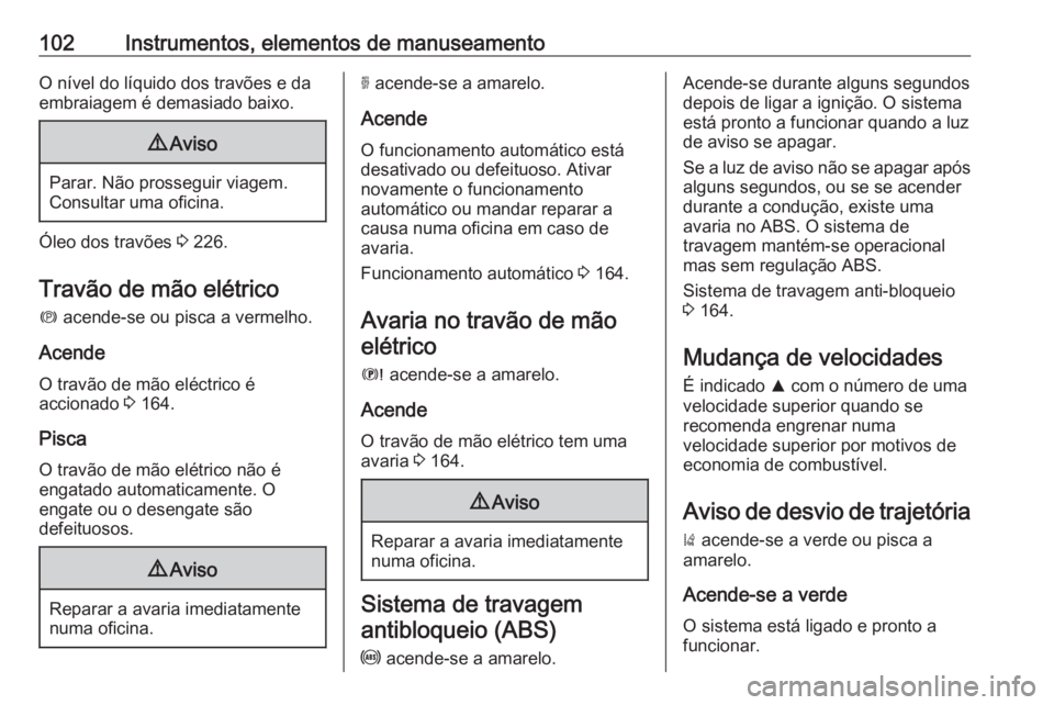 OPEL GRANDLAND X 2018.75 Manual de Instruções (in Portugues) 102Instrumentos, elementos de manuseamentoO nível do líquido dos travões e da
embraiagem é demasiado baixo.9 Aviso
Parar. Não prosseguir viagem.
Consultar uma oficina.
Óleo dos travões 3 226.
OPEL GRANDLAND X 2018.75 Manual de Instruções (in Portugues) 102Instrumentos, elementos de manuseamentoO nível do líquido dos travões e da
embraiagem é demasiado baixo.9 Aviso
Parar. Não prosseguir viagem.
Consultar uma oficina.
Óleo dos travões 3 226.