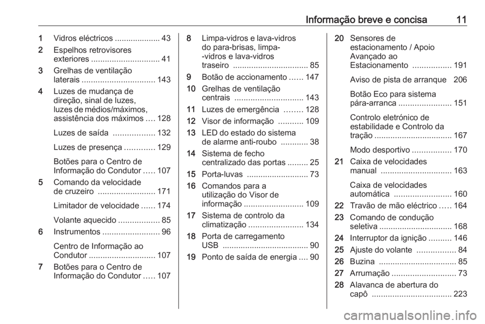 OPEL GRANDLAND X 2018.75  Manual de Instruções (in Portugues) Informação breve e concisa111Vidros eléctricos .................... 43
2 Espelhos retrovisores
exteriores .............................. 41
3 Grelhas de ventilação
laterais ......................