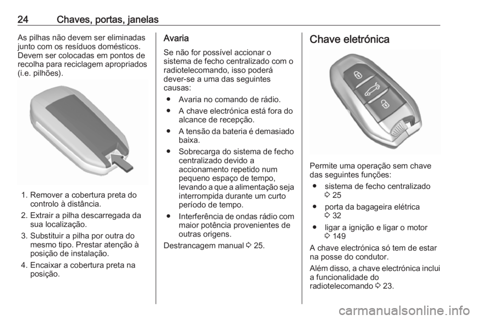 OPEL GRANDLAND X 2018.75  Manual de Instruções (in Portugues) 24Chaves, portas, janelasAs pilhas não devem ser eliminadas
junto com os resíduos domésticos.
Devem ser colocadas em pontos de recolha para reciclagem apropriados
(i.e. pilhões).
1. Remover a cobe
