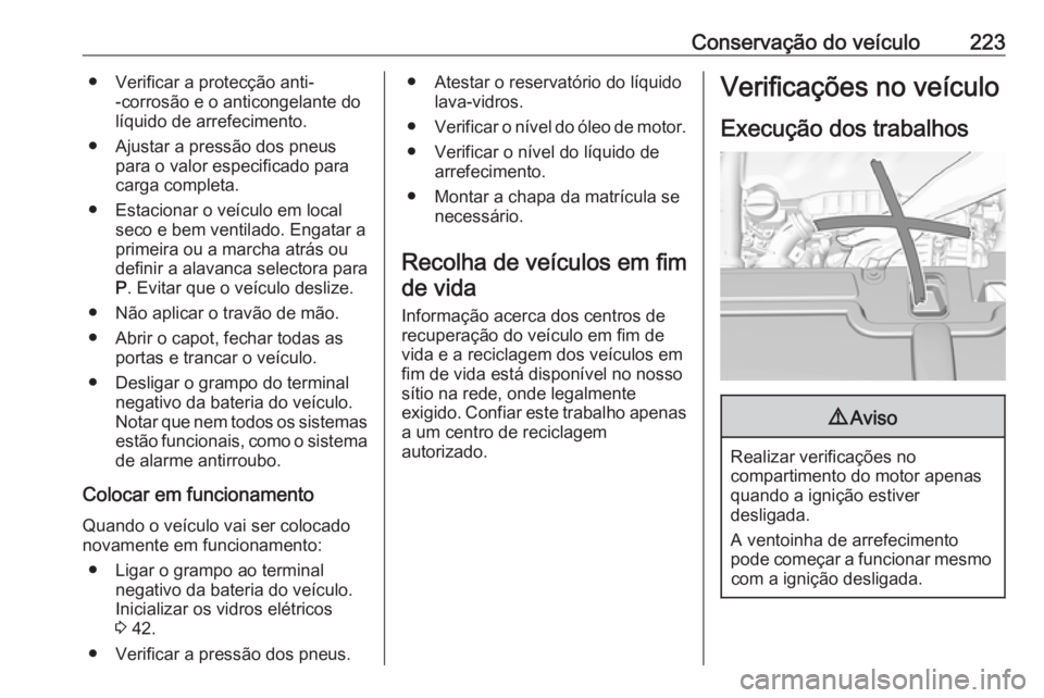 OPEL GRANDLAND X 2019  Manual de Instruções (in Portugues) Conservação do veículo223● Verificar a protecção anti--corrosão e o anticongelante do
líquido de arrefecimento.
● Ajustar a pressão dos pneus para o valor especificado para
carga completa.