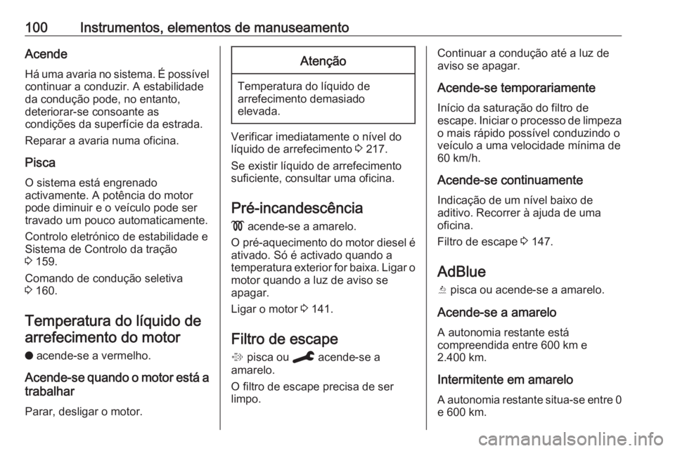 OPEL GRANDLAND X 2019.75  Manual de Instruções (in Portugues) 100Instrumentos, elementos de manuseamentoAcende
Há uma avaria no sistema. É possível continuar a conduzir. A estabilidade
da condução pode, no entanto,
deteriorar-se consoante as
condições da 