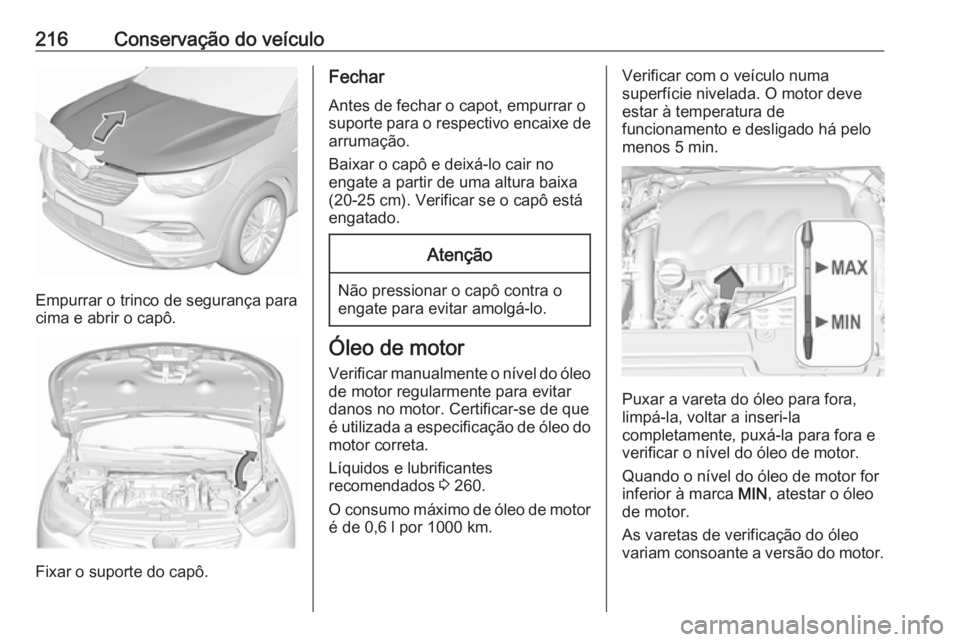 OPEL GRANDLAND X 2019.75  Manual de Instruções (in Portugues) 216Conservação do veículo
Empurrar o trinco de segurança para
cima e abrir o capô.
Fixar o suporte do capô.
Fechar
Antes de fechar o capot, empurrar o suporte para o respectivo encaixe de
arruma