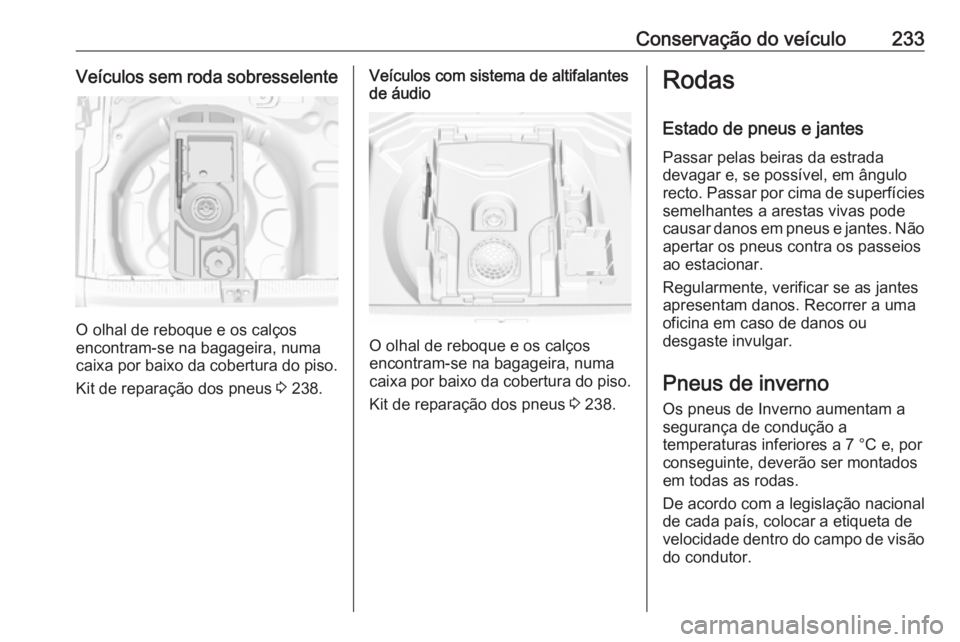 OPEL GRANDLAND X 2019.75  Manual de Instruções (in Portugues) Conservação do veículo233Veículos sem roda sobresselente
O olhal de reboque e os calços
encontram-se na bagageira, numa
caixa por baixo da cobertura do piso.
Kit de reparação dos pneus  3 238.

