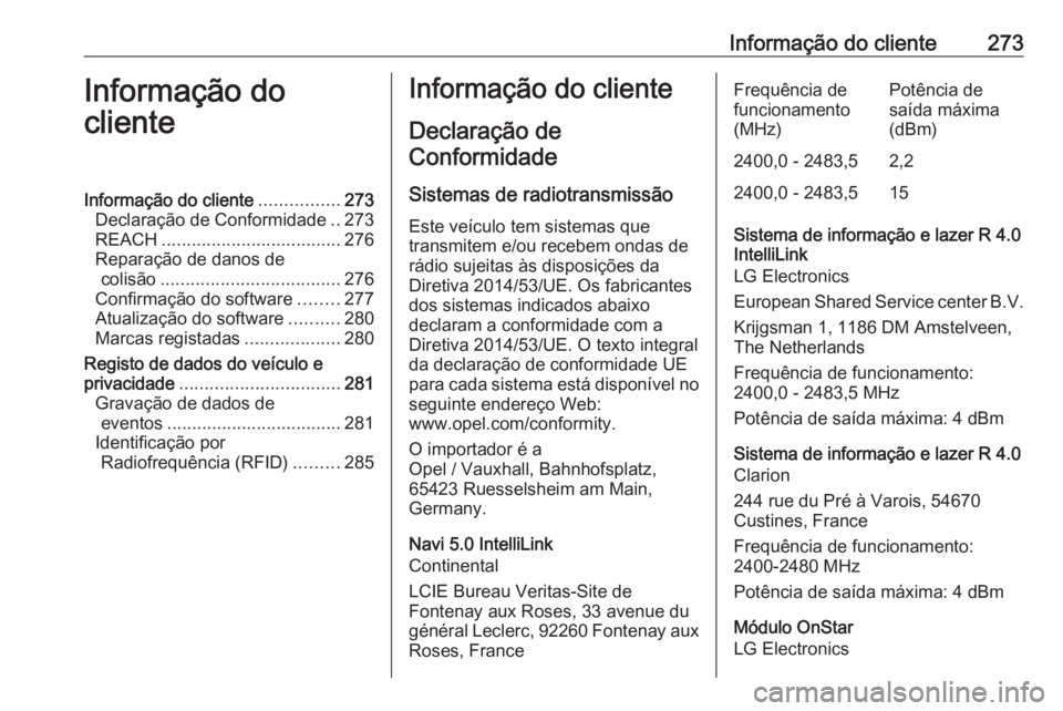 OPEL GRANDLAND X 2019.75 Manual de Instruções (in Portugues) Informação do cliente273Informação do
clienteInformação do cliente ................273
Declaração de Conformidade ..273
REACH .................................... 276
Reparação de danos de c OPEL GRANDLAND X 2019.75 Manual de Instruções (in Portugues) Informação do cliente273Informação do
clienteInformação do cliente ................273
Declaração de Conformidade ..273
REACH .................................... 276
Reparação de danos de c