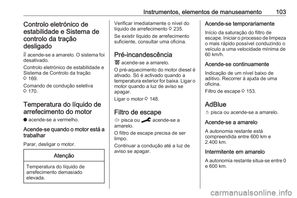 OPEL GRANDLAND X 2020 Manual de Instruções (in Portugues) Instrumentos, elementos de manuseamento103Controlo eletrónico deestabilidade e Sistema de
controlo da tração desligado
9 acende-se a amarelo. O sistema foi
desativado.
Controlo eletrónico de esta OPEL GRANDLAND X 2020 Manual de Instruções (in Portugues) Instrumentos, elementos de manuseamento103Controlo eletrónico deestabilidade e Sistema de
controlo da tração desligado
9 acende-se a amarelo. O sistema foi
desativado.
Controlo eletrónico de esta