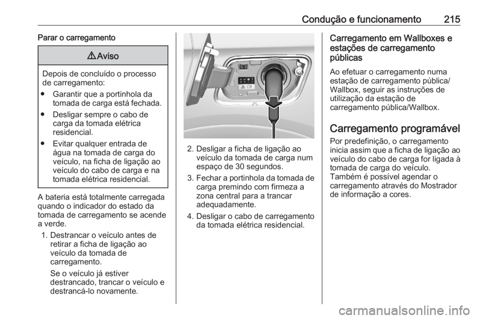 OPEL GRANDLAND X 2020  Manual de Instruções (in Portugues) Condução e funcionamento215Parar o carregamento9Aviso
Depois de concluído o processo
de carregamento:
● Garantir que a portinhola da tomada de carga está fechada.
● Desligar sempre o cabo de c OPEL GRANDLAND X 2020  Manual de Instruções (in Portugues) Condução e funcionamento215Parar o carregamento9Aviso
Depois de concluído o processo
de carregamento:
● Garantir que a portinhola da tomada de carga está fechada.
● Desligar sempre o cabo de c